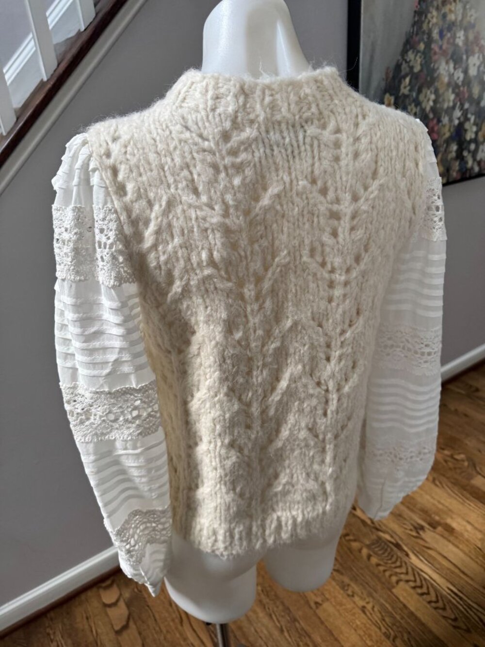 Sea NY Ellie Alpaca Wool Balloon Sleeve Lace Sweater White Size Small - Picture 3 of 3
